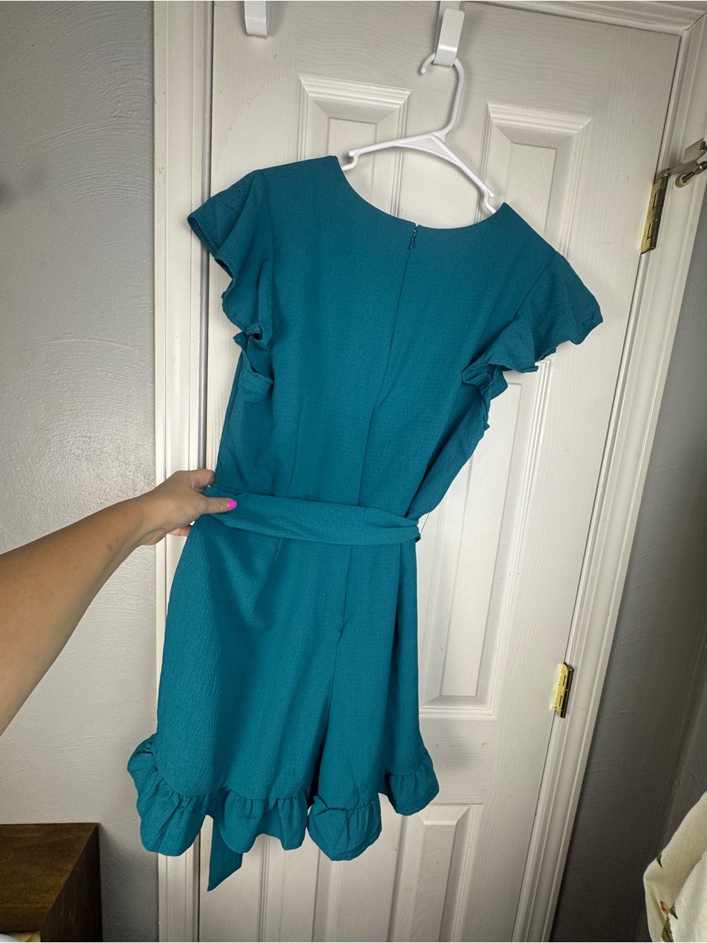 VENUS Teal Ruffle-Sleeve V-Neck  Romper Size 12 Stretch - Picture 10 of 14